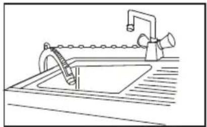 Line drawing of a kitchen sink with faucet and chain (no text or symbols)