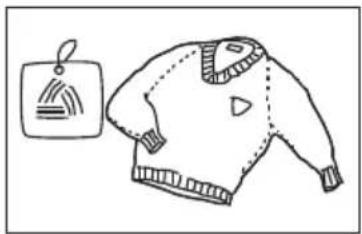 Simple line drawing of a sweater with a tag and patterned jacket (no text or symbols)