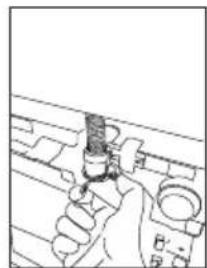 Line drawing of a hand holding a mechanical component, no text or symbols present