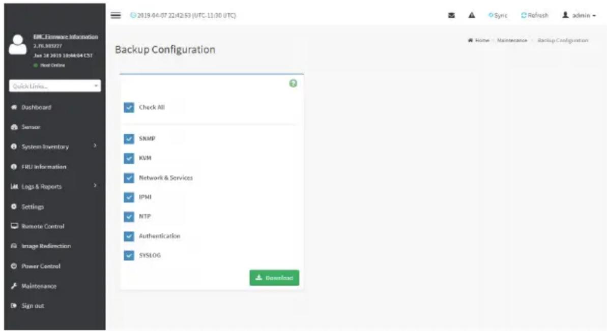 E&C Firmware Information 2.76.905277 Jun 18 2019 1804664 CST ● Host Online Quick Links... Dashboard Sensor System Inventory FRU Information Logs & Reports Settings Remote Control Image Redirection Power Control Maintenance Sign out Backup Configuration Check All SNMP KVM Network & Services IPMI NTP Authentication SYSLOG Download