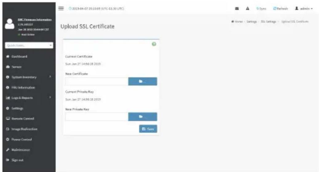 SME License Information 2.76.381027 Jan 28 2019 SHANDAI EST Send Online Quick User... Dashboard Sensor System Inventory FBU Information Logo & Reports Settings Remote Control Image Modification Power Control Maintenance Sign out 2019-04-07 20:19:45 (UTC-11:30 UTC) Upload SSL Certificate Current Certificate Sun Jan 27 14:56:18 2019 New Certificate Current Private Key Sun Jan 27 14:56:18 2019 New Private Key Save