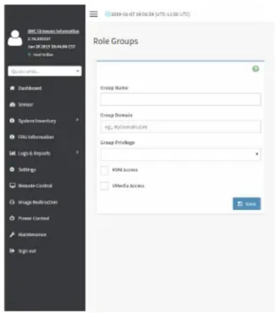 2018-04-07 18:01:39 (UTC-11:30 UTC) Role Groups Group Name: Group Domains eg, MyCovdcin.com Group Privilege KVM Access Vehicle Access Sign-out