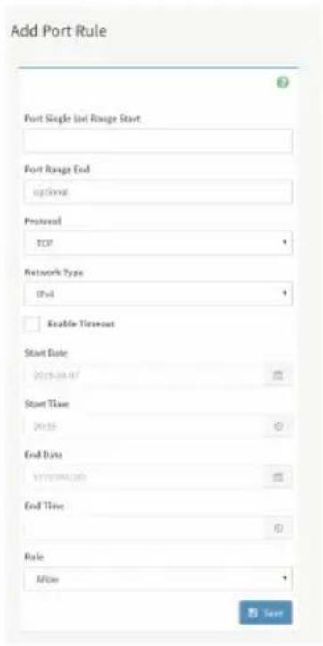 Add Port Rule Port Single Start Range Start Port Range End optional Protocol TCP Network Type Start Enable Timeout Start Date 2015-04-07 Start Time 2015 End Date 2015-04-07 End Time Rule Allow Save