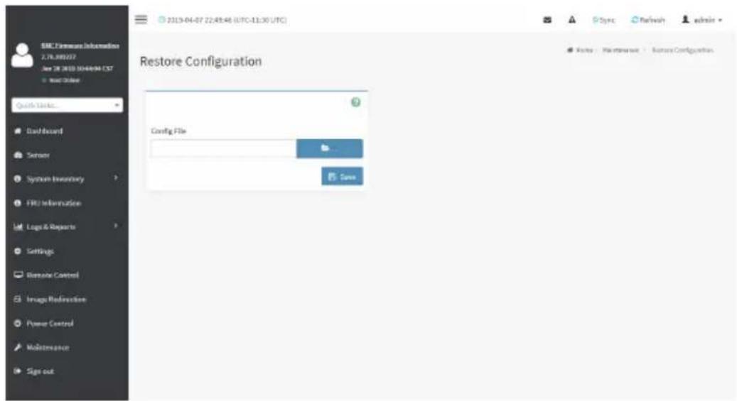 BMC Features Information 2.78.390002 See QR 2010 1044694 EST Quick Update... Dashboard Server System Inventory FIRJ Information Logo & Reports Settings Remote Control Image Redirection Power Control Maintenance Sign out 2015-04-07 22:45:46 (UTC-11:30 UTC) Restore Configuration Config File Save