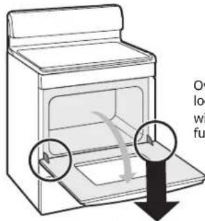 Diagram of a refrigerator with labeled parts and directional arrows indicating movement or force, accompanied by partial text.