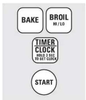 BAKE BROIL HI / LO TIMER CLOCK HOLD 3 SEC TO SET CLOCK START