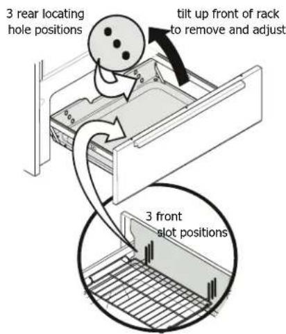3 rear locating hole positions tilt up front of rack to remove and adjust 3 front slot positions