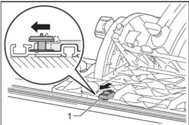 Technical diagram showing mechanical assembly with labeled component '1' and a magnified inset highlighting a specific feature.