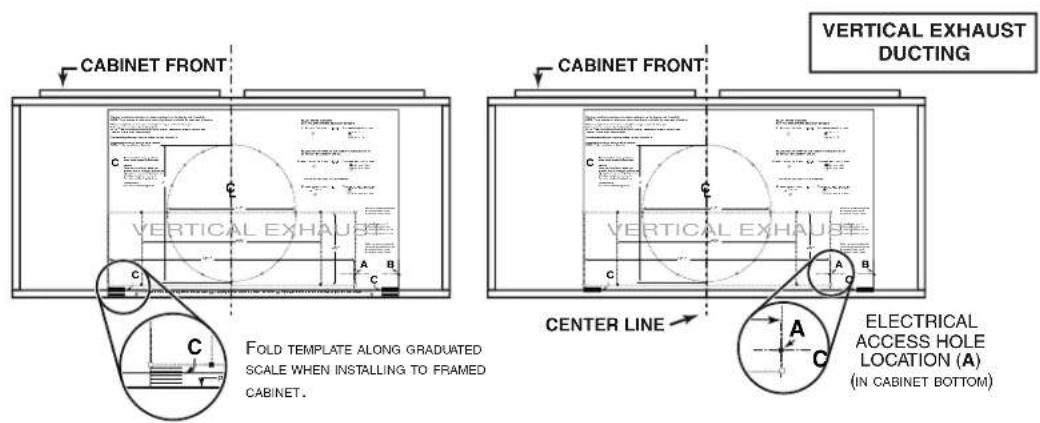 CABINET FRONT VERTICAL EXHAUST DUCTING CABINET FRONT VERTICAL EXHAUST CENTER LINE ELECTRICAL ACCESS HOLE LOCATION (A) (IN CABINET BOTTOM) FOLD TEMPLATE ALONG GRADUATED SCALE WHEN INSTALLING TO FRAMED CABINET.