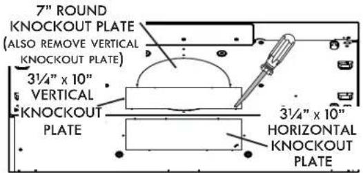 7" ROUND KNOCKOUT PLATE (ALSO REMOVE VERTICAL KNOCKOUT PLATE) 3¼" x 10" VERTICAL KNOCKOUT PLATE 3¼" x 10" HORIZONTAL KNOCKOUT PLATE