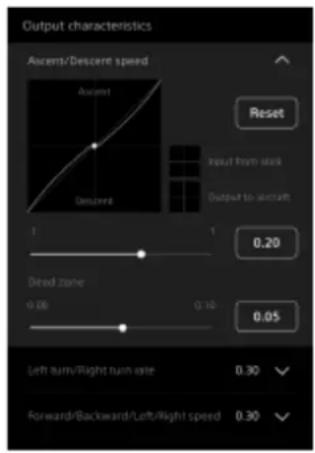 Output characteristics Ascens/Descart speed Ascens Input from stack Output to aircraft Dead zone 0.08 0.16 0.20 0.05 Left turn/Right turn rate 0.30 Forward/Backward/Left/Right speed 0.30