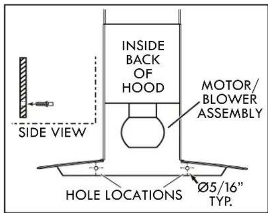 INSIDE BACK OF HOOD MOTOR/ BLOWER ASSEMBLY SIDE VIEW HOLE LOCATIONS Ø5/16" TYP.