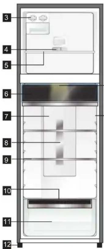 Diagram of a refrigerator interior with numbered compartments labeled 3 through 12.