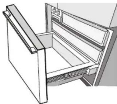Technical line drawing of a refrigerator with door and side panel (no text or symbols).