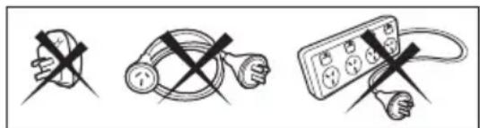 Three black cross symbols on white background: hand holding a bulb, cable with plug, and plug with power outlet (no text or labels)