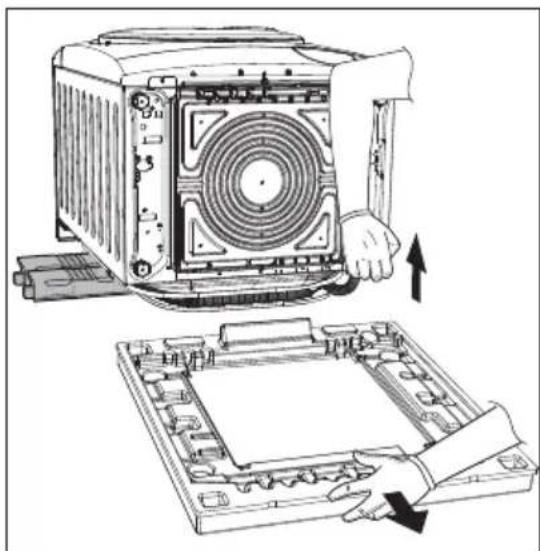 Diagram showing a computer motherboard with an open rear panel and a hand inserting a fan into the case (no text or symbols present).