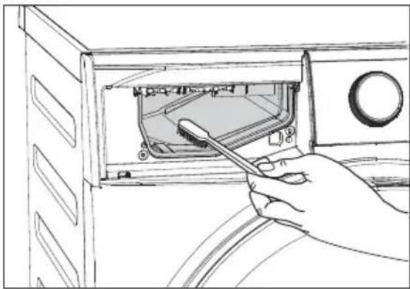 Line drawing of a hand inserting a screwdriver into a washing machine (no text or symbols).