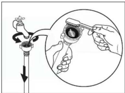 Illustration of a hand using a tool to clean or adjust a faucet, showing the process with no text or symbols.