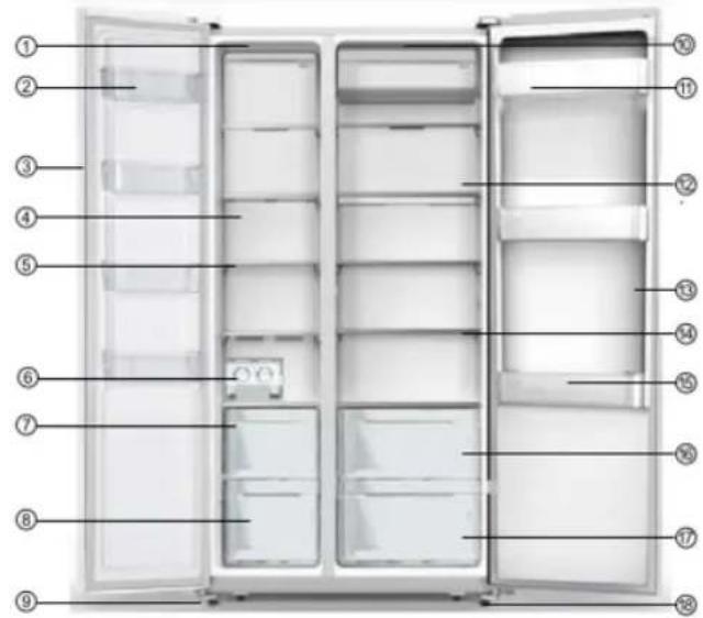 Labeled diagram of a refrigerator interior showing 17 numbered compartments and doors open