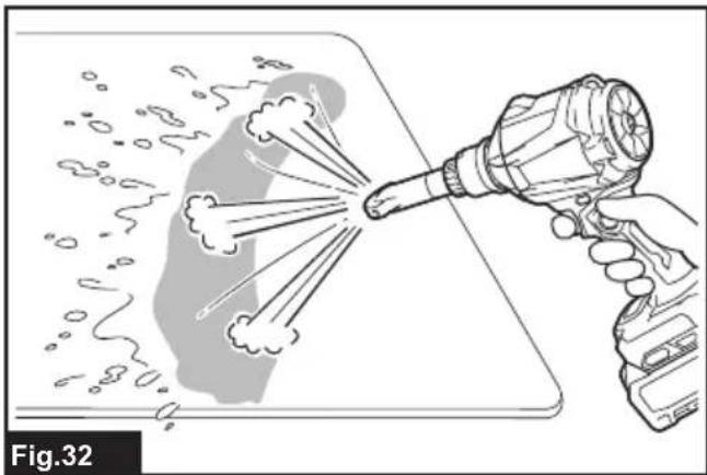 Illustration of a hand holding a flashlight emitting exhaust smoke from a device, with no visible text or symbols.