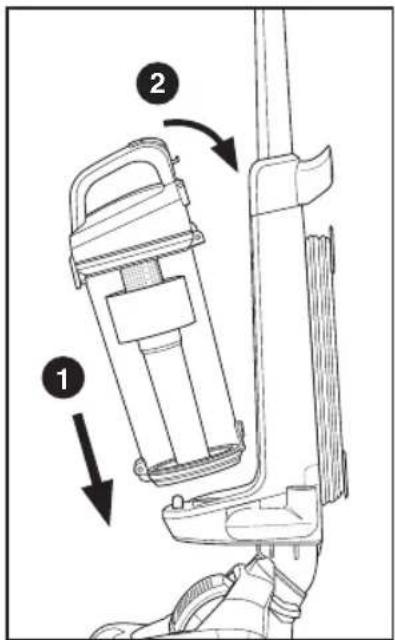 Technical diagram of a vacuum cleaner with labeled parts and directional arrows indicating assembly steps.