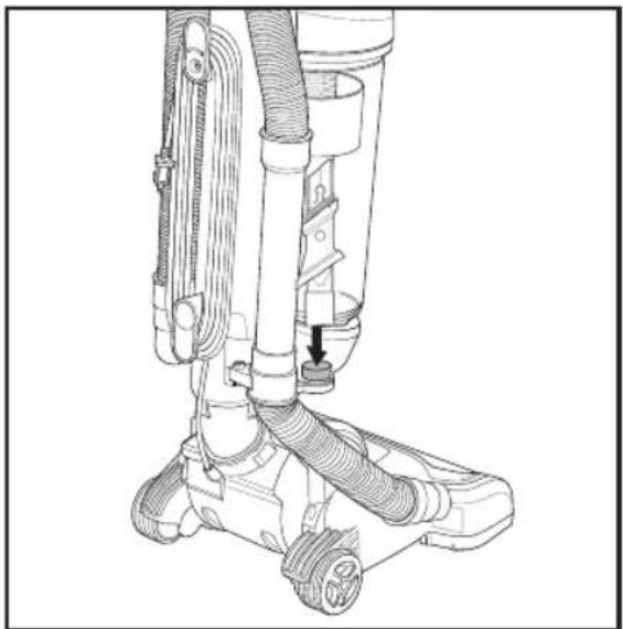 Technical line drawing of a vacuum cleaner's base with hoses and a valve, showing no text or symbols