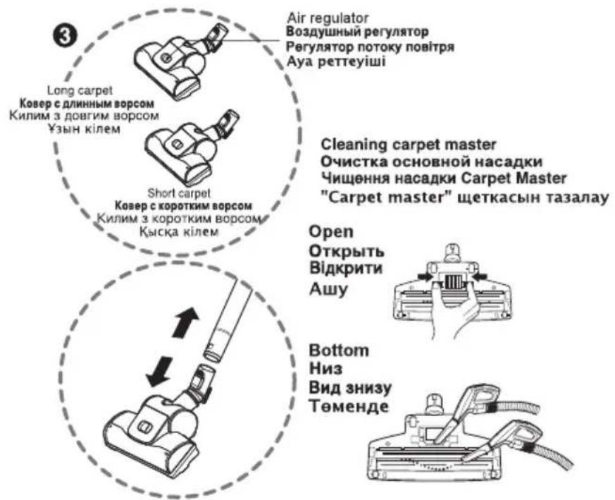 LG VC88888NHAQ - How to use Using carpet master nozzle and mini turbine nozzle Использование Использование основной насадки для ковра и мини турбощетки Користування пилососом Використання насадки Carpet Master та міні-турбонасадки Қалай пайдалану керек Кілемге және еденге арналған саптаманы және мини турбина қондырмасын пайдалану - 1