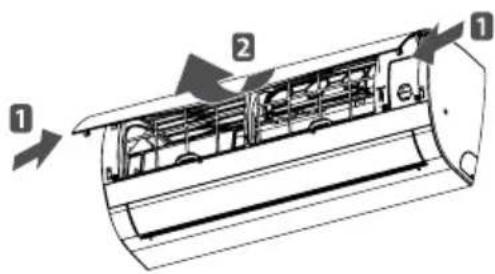 Technical diagram of an air conditioner unit with labeled components and airflow direction arrows
