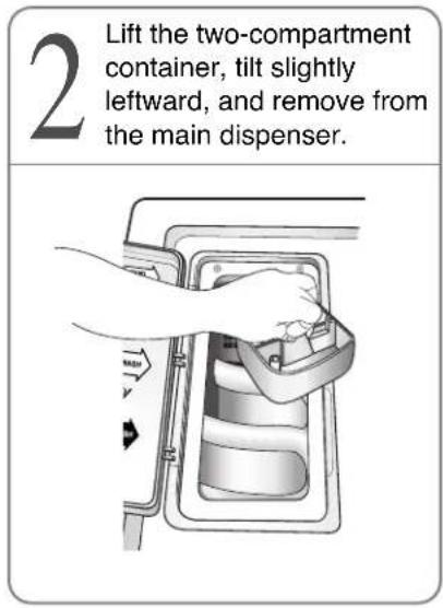 2 Lift the two-compartment container, tilt slightly leftward, and remove from the main dispenser.
