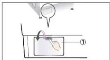 Diagram illustrating a hand holding a small object in a container with an arrow indicating rotation or movement, labeled with number ①.