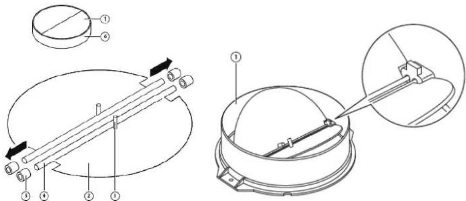 Technical diagram showing mechanical assembly with numbered components and a magnified view of the component being inserted.