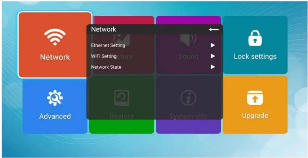 Network Ethernet Setting WiFi Setting Network State Back Sound Lock settings Advanced Restore System Info Upgrade