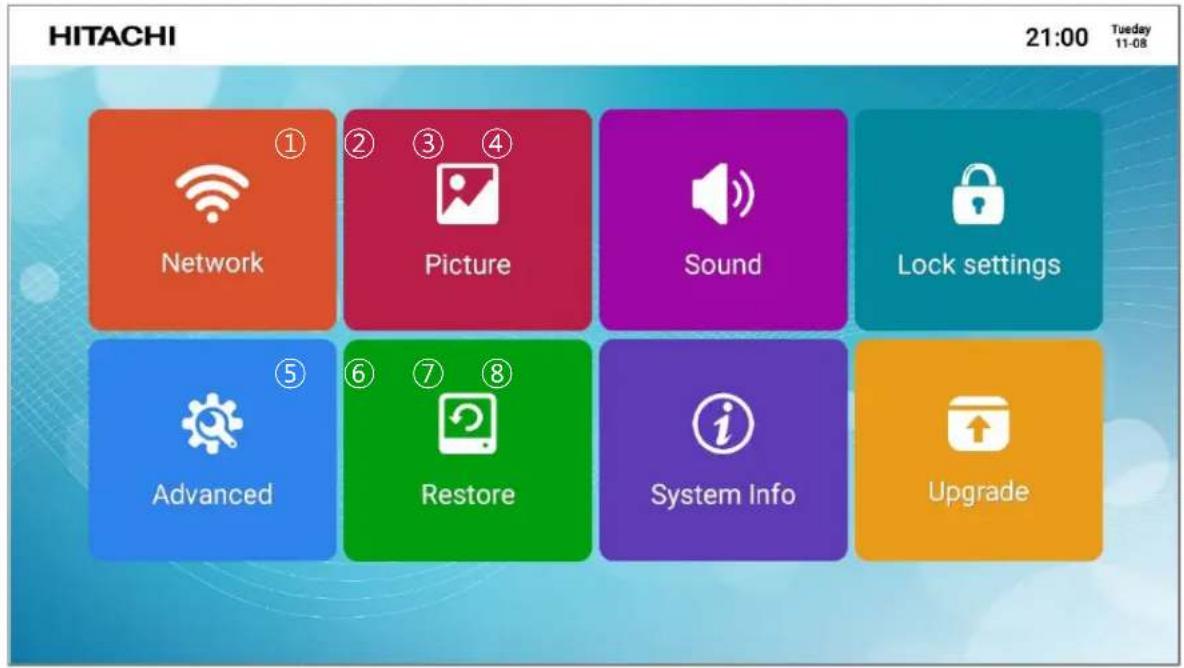 HITACHI 21:00 Tuesday 11-08 Network Picture Sound Lock settings Advanced Restore System Info Upgrade