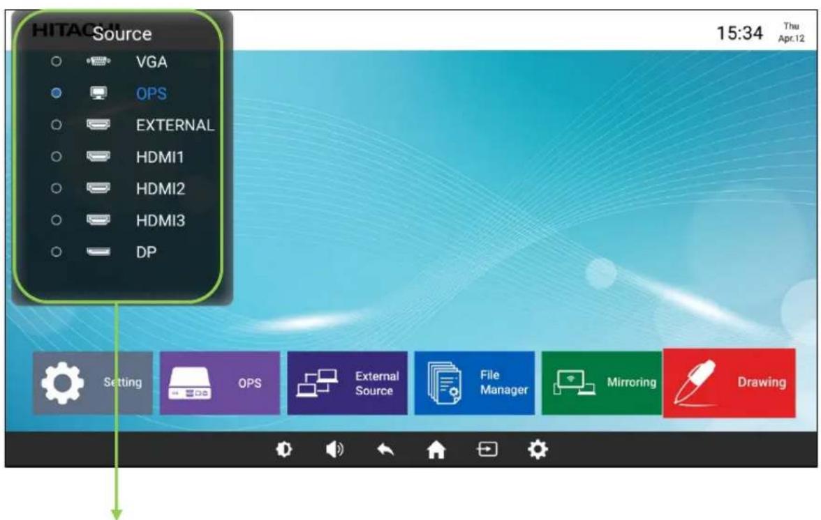 HITACM Source VGA OPS EXTERNAL HDMI1 HDMI2 HDMI3 DP 15:34 Thu Apr.12 Setting OPS External Source File Manager Mirroring Drawing