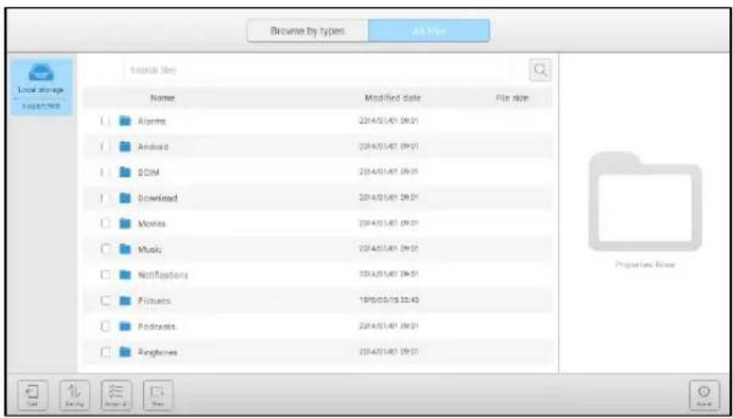 Browse by types All Files Local Storage 100%75% Storage Size Name Modified date File size Alarms 2014/01/01 09:31 Android 2014/01/01 09:31 DCIM 2014/01/01 09:31 Download 2014/01/01 09:31 Movies 2014/01/01 09:31 Music 2014/01/01 09:31 Notifications 2014/01/01 09:31 Pictures 18/05/03/18 22:43 Podcasts 2014/01/01 09:31 Ratings 2014/01/01 09:31 Properties Filter Get Remove Add Help