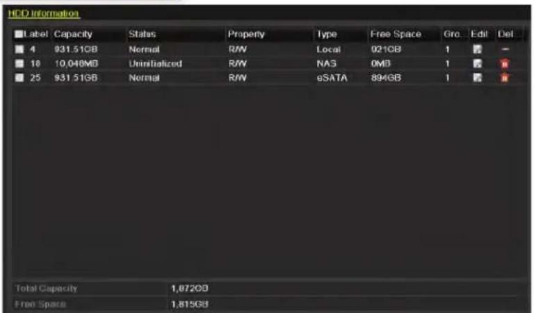 HDD Information Label Capacity States Property Type Free Space Gro Edit Del 4 931.51GB Normal R/W Local 921GB 1 - 18 10.046MB Uninitialized R/W NAS 0MB 1 n 25 931.51GB Normal R/W eSATA 894GB 1 n Total Capacity 1,872GB Free Space 1,815GB