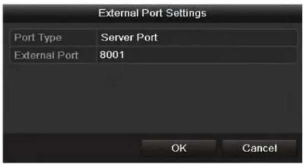 External Port Settings Port Type Server Port External Port 8001 OK Cancel