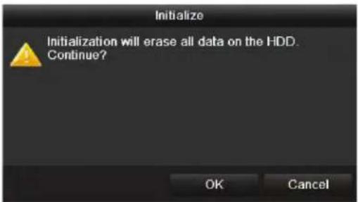 Initialize Initialization will erase all data on the HDD. Continue? OK Cancel