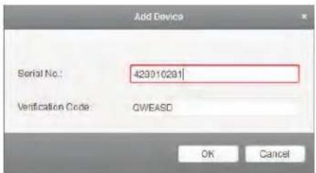Add Device Serial No.: 423010281 Verification Code: QWEASD OK Cancel