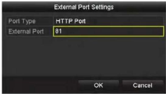 External Port Settings Port Type HTTP Port External Port 81 OK Cancel