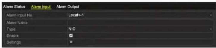 Alarm Status Alarm Input Alarm Output Alarm Input No. Local<-1 Alarm Name Type N.O Enable Settings