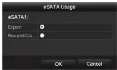 eSATA Usage eSATA1: Export Record/Ca... OK Cancel