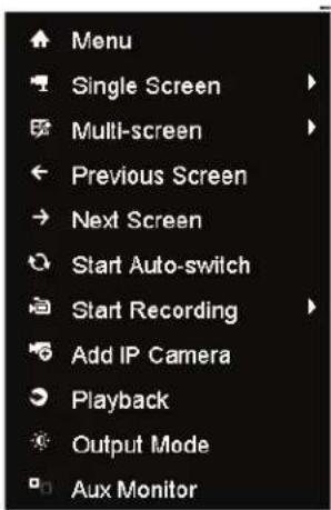 Menu Single Screen Multi-screen Previous Screen Next Screen Start Auto-switch Start Recording Add IP Camera Playback Output Mode Aux Monitor