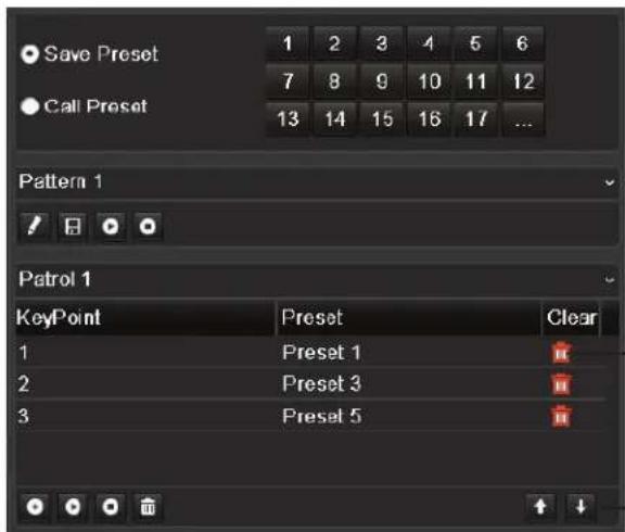 Save Preset Call Preset 1 2 3 4 5 6 7 8 9 10 11 12 13 14 15 16 17 ... Pattern 1 Patrol 1 KeyPoint Preset Clear 1 Preset 1 2 Preset 3 3 Preset 5