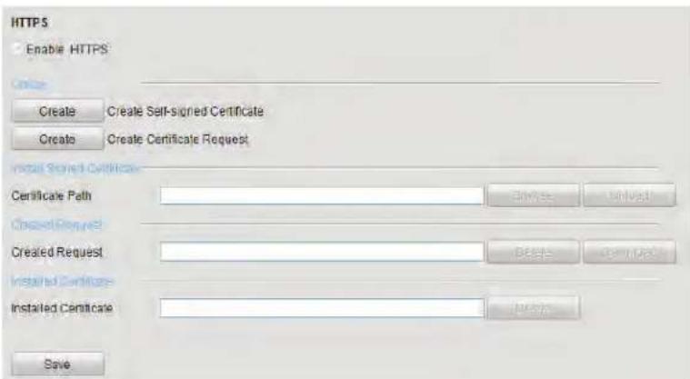 HTTPS Enable HTTPS Create Create Self-signed Certificate Create Certificate Request Install Signed Certificate Certificate Path Checked Request Created Request Installed Certificate Installed Certificate Save