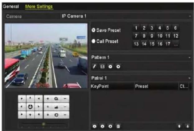 General More Settings Camera IP Camera 1 Save Preset 1 2 3 4 5 6 Call Preset 7 8 9 10 11 12 13 14 15 16 17 ... Pattern 1 Patrol 1 KeyPoint Preset CI...