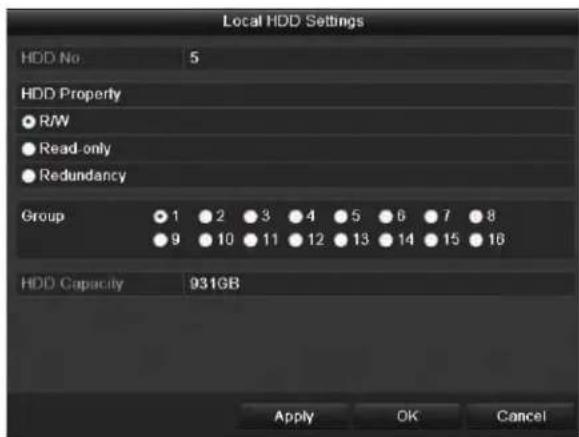 Local HDD Settings HDD No 5 HDD Property ● R/W ● Read-only ● Redundancy Group ●1 ●2 ●3 ●4 ●5 ●6 ●7 ●8 ●9 ●10 ●11 ●12 ●13 ●14 ●15 ●16 HDD Capacity 931GB Apply OK Cancel