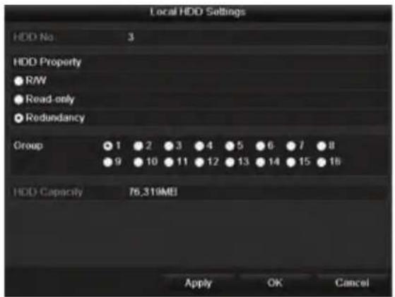 Local HDD Settings HDD No: 3 HDD Property ● R/W ● Read-only ● Redundancy Group ● 1 ● 2 ● 3 ● 4 ● 5 ● 6 ● 7 ● 8 ● 9 ● 10 ● 11 ● 12 ● 13 ● 14 ● 15 ● 16 HDD Capacity 76.319MEJ Apply OK Cancel