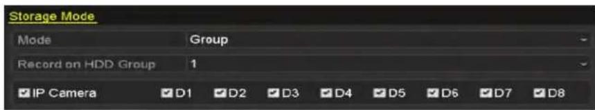 Storage Mode Mode Group Record on HDD Group 1 ✓ IP Camera ✓D1 ✓D2 ✓D3 ✓D4 ✓D5 ✓D6 ✓D7 ✓D8