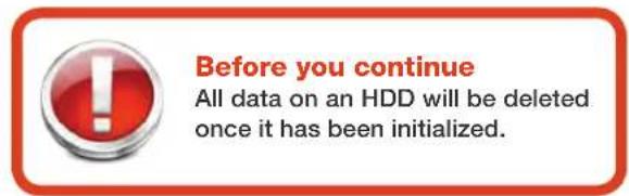 Before you continue All data on an HDD will be deleted once it has been initialized.